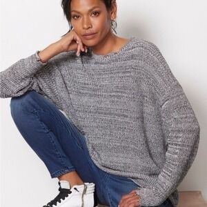 PISTOLA Eve Distressed Crew Sweater Pullover‎ Knit Grey Black MEDIUM Women's